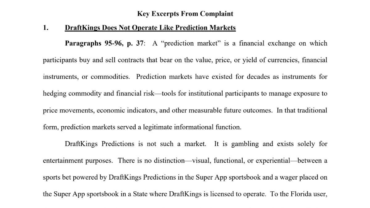 Pages from the Seminole Tribe of Florida’s complaint against DraftKings and CEO Jason Robins.