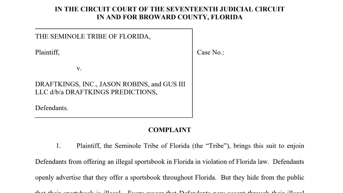 First page of the Seminole Tribe of Florida’s complaint against DraftKings and CEO Jason Robins.