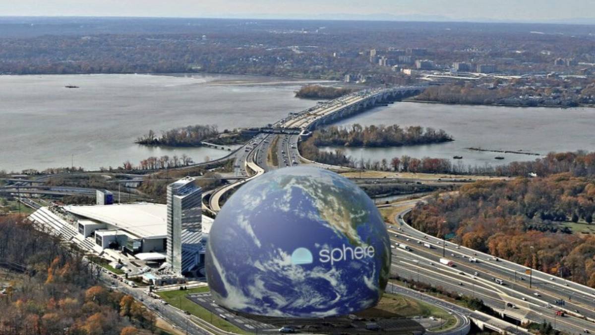 Aerial rendering of the Sphere in Maryland beside MGM National Harbor along the Potomac River waterfront.