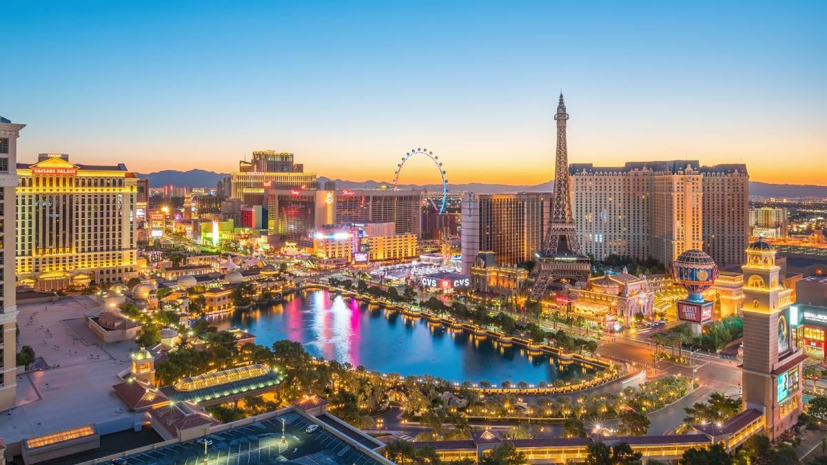 Las Vegas Strip hotels and casinos viewed at night in August 2026