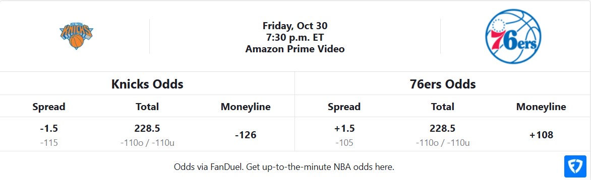 Knicks vs 76ers Odds Table